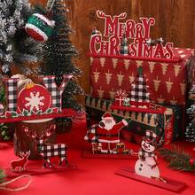 6pcs Christmas Snowman, Reindeer, Santa Claus, Red & Black Plaid Decorative Wooden Signs, Christmas Table Decor, Home Party Decoration - Red - View 3
