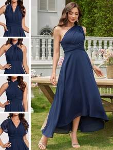 Volly Toych Navy Blue Multi-Shape A-Line Elegant Halter One Shoulder V-Neck Asymmetrical Midi Chiffon Bridesmaid Dress,Wedding Guest Dress - Navy Blue - View 8