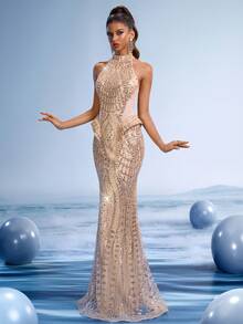 GIFORU Elegant Silver Sequin Prom Dress Halter Mermaid Gown Gold Beaded Wedding Dresses For Bride Women Sparkly Long Graduation New Year Party Dress - Khaki - View 7