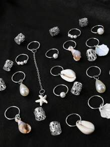 26 件女士编织发圈，海滩和夏季度假编织发夹，海星、贝壳、珍珠，时尚独特的拍照发饰，爪夹，发夹，发夹，发夹 - 銀色 - 查看 4