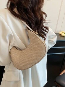 1pc Zipper Closure PU Solid Color Crescent Underarm Bag, Fashion Retro Office Shoulder Bag, Versatile Baguette Bag, Shiny Women Party Evening Bag, Suitable For Daily Use And Attending Banquets - Gold - View 3