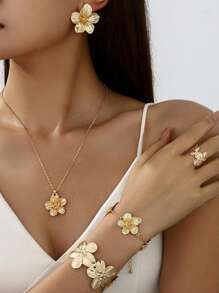 5-Piece Set Summer Holiday Elegant Floral 5-Petal Pendant Necklace, 1 Pair Of Earrings, 1 Necklace, 1 Bracelet, 1 Set Of Rings - Suitable For Daily, Casual, Party, Commuter, Vacation, Dating, Party, Fashion Women Jewelry Gifts