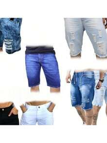 kit 2 Bermuda Premium Lycra Jeans Rasgada Masculina - Branco e Azul Escuro - Visão 10