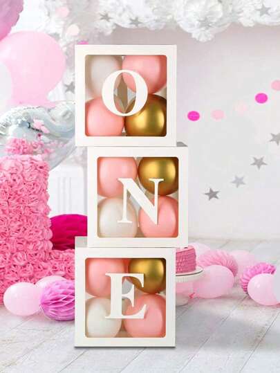 1st Birthday Decoration Set For Boys Or Girls, Includes 3 "ONE" Balloons Box, Transparent Building Blocks Spelling "ONE TWO THREE" Letters, Can Be Used As Photo Props, Cake Smash Backdrop. Balloons Not Included