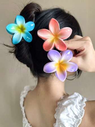 3 pièces/1 pièce Clips pour cheveux en plastique en forme de fleur d'hibiscus pour femmes, 8 cm/3,15 pouces, bleu/orange/violet, légers, convenant pour un usage quotidien, décontracté, en fête, pour le trajet, la plage, la queue de cheval, le chignon, le lavage du visage, le maquillage, accessoire vestimentaire