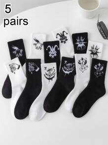 5 أزواج (التسليم عشوائي) جوارب متوسطة الطول للجنسين بطراز داكن، بتصميم ملفت للنظر بطبعات الكلاون والغرافيتي، أساسيات الموضة الشارعية