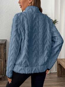 Top en tissu tricoté moelleux grande taille pour femmes, manches longues régulières, col montant avec fermeture éclair et détails de poche, étirement moyen