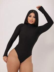 BODY FEMININO GOLA ALTA MANGA LONGA  Simples    Casual    Algodão    Nenhum    Diário    Inverno - Preto - Visão 6