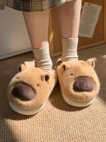 1 双男女款可爱卡通保暖厚底一脚蹬拖鞋，适合秋冬季