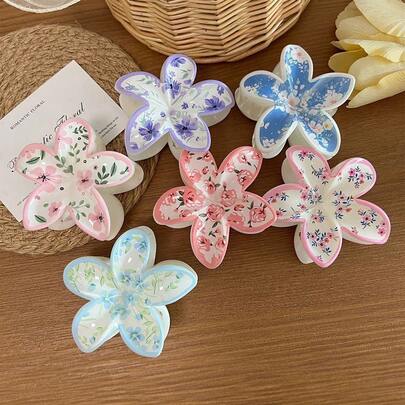 6 piezas Pinzas para el cabello con flores y diseños casuales y brillantes hechas de plástico ABS, con estampados UV creativos de flores europeas y americanas como Plumeria y Mimosa, accesorios para el cabello adecuados para todas las estaciones