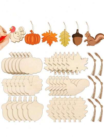 24 件 - 未完成木制装饰枫叶南瓜木镂空松鼠橡子空白装饰带孔麻绳适用于感恩节秋季派对、DIY 装饰用品、圣诞派对装饰 6 种款式