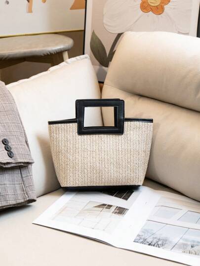 New European & American Style Woven Bag, Vacation Straw Bag, Travel Bag, Fashionable Portable Storage Bag, Beach Bag, Straw Handbag, Mini Straw Handbag, Student Shopping Bag, Summer Essential, Versatile Item, Perfect For Women, Girls, Students, Travel, Vacation, Beach, Gifts, Back To School