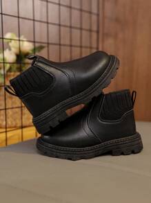 1 Pair Black Soft & Comfortable Elastic Fabric + PU Toddler/Kids Boots, Warm Lining, Round Toe, Soft Sole, Simple British Style, Suitable For Boys & Girls, Indoor/Outdoor, School, Autumn/Winter