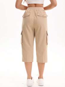 2025 年夏季女士时尚实用七分裤，带松紧腰带和口袋，休闲街头服饰