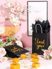 10 件 - 感谢牛皮纸礼品袋，感谢礼品袋，感谢派对袋，带手柄的牛皮纸礼品袋，带有金色闪光字母的优雅感谢礼品袋，生日派对礼品袋，带薄纸金色感谢婚礼袋，带手柄，适用于毕业、商务购物、婚礼、婴儿洗礼派对、万圣节 - 黑色 - 查看 6