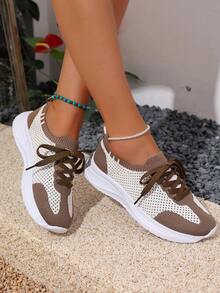 1 Pair Women's Fashion Sports Style Lace-Up Knit Breathable Fabric EVA Lightweight Non-Slip Soft Sole Sneakers, Suitable For All-Day Wear, Running, Campus, Street, Outdoor, Casual Sports