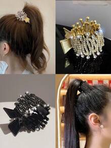 1pc Women's Fashion Alloy Rhinestone Ponytail Claw Clip, Metallic Pearl Rhinestone Hair Accessory, Claw Clips, Hair Claws, Clips For Hair, Hair Slide, Hair Barrettes