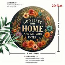 2D Flat Printing, An 8 * 8 Inch Aluminum Metal Sign That Says 'God Bless This Home And All Who Enter', A Welcome Circular Wreath Sign, Wreath Sign, Porch Decoration, Door Decoration, Scene Decoration. - Metal Spray Paint - View 3