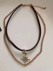 复古皮革棕色宝石太阳吊坠串珠颈链锁骨链项链女士独特 Y2K 个性化垃圾摇滚珠宝 - 彩色 - 查看 12