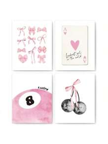 4Pcs Fashion Art Prints Posters Set - Pink Bows, Heart, Lucky 8 Ball, And Cherry - Frameless Wall Decor For Girls Bedroom, Dorm Room - Heart & Bow Themed Posters