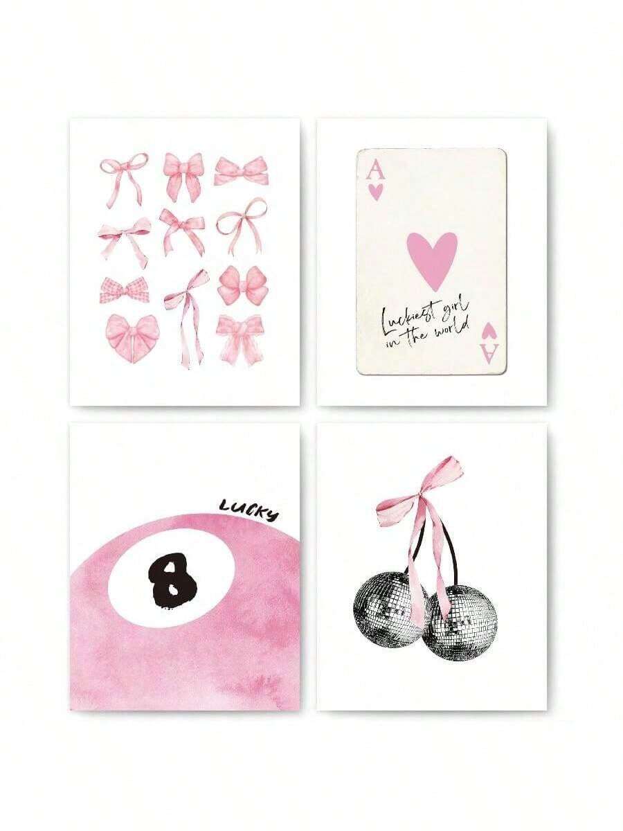 4Pcs Fashion Art Prints Posters Set - Pink Bows, Heart, Lucky 8 Ball, And Cherry - Frameless Wall Decor For Girls Bedroom, Dorm Room - Heart & Bow Themed Posters