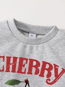 Toddler Cherry Print Crew Neck Sweatshirt And Flare Pants Set