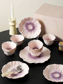 1pc Ins Style Floral Ceramic Plate, Asymmetrical Flower Pattern Glazed Plate, Household Dinner Plate, Dessert Plate, Cake Plate, Office Afternoon Tea Sweets Plate, Western Steak & Pasta Plate, Fruit Salad Plate, Flower Bowl, Rice Bowl