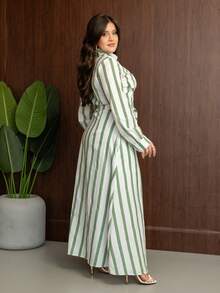 Striped Tricoline Chamise Dress | Women's Cotton Dress | Long Casual Button Dress | Chamise With Belt And Pockets - 綠色 - 查看 2