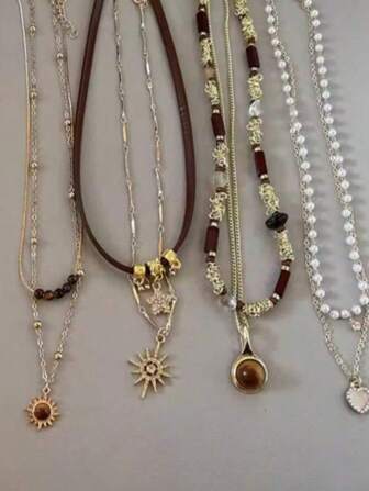 太阳星锆石项链女士复古皮革项链双层吊坠链颈链时尚珠宝