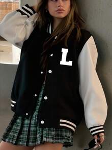 1pc Teen Girls' Patchwork Letter Thermal Lined Baseball Jacket Spring Autumn Winter - Black - View 4
