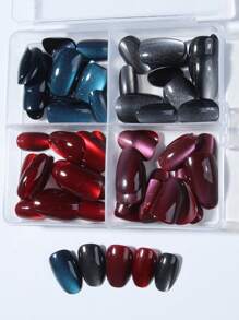 96 件/盒（4 款混合）Y2K 短椭圆形光泽美学 4 色水晶猫眼法式尖头按压指甲杏仁指甲心形图案设计完美贴合亚克力假指甲套装，包含 1 件果冻胶和 1 件指甲锉，红色指甲适合女士和女孩日常佩戴狂欢派对使用美甲用品指甲