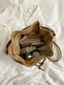 Women's Vacation Bohemian Style Drawstring Straw Bucket Tote Shoulder Bag