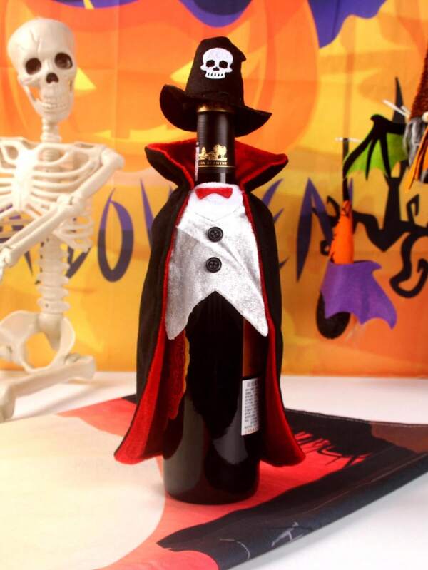 2 piezas Juego de botellas de vino de Halloween, Bolsa para botella de champán o vino, Artículos de decoración para mesa de comedor y hogar, Decoración de botella de vino para mostrador de Halloween, Combo de sombrero y capa