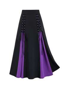 Women's High-Waisted Gothic Skirt With Purple Hem & Cross-Band Detail - Black To Purple Ombre Umbrella Skirt, Machine Washable Spring/Fall Elegant Solid Color Fashion Skirt, High Waisted Skirt, Spring Fall Apparel, Medium Elasticity Fabric - 酒紅色 - 查看 3