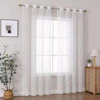 2pcs White Wavy Leaf Pattern Curtains, Modern Minimalist Style, With Grommet Semi-Sheer Filtering Decor, Easy To Clean And Install With Lock Ring Design, Suitable For Apartment, School, Church, Hall, Office, Living Room, Bedroom, Balcony, Bathroom