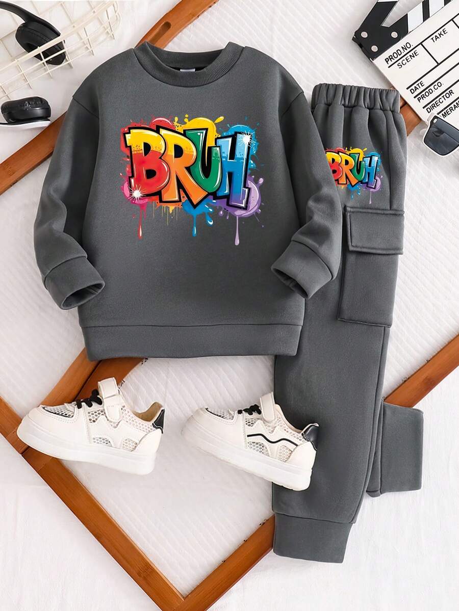 Toddler Letter Print Warm Crew Neck Sweatshirt And Pants Set - Grey - View 1