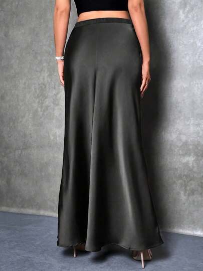 Plus Size Women Elegant Maxi Satin Skirt, Solid Color