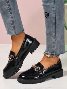 Mocassins  noir pour femmes, talon épais, Glissant, décoration boucle métallique, finition brillante, derbies casual, convient pour le printemps, l'automne et toutes les saisons