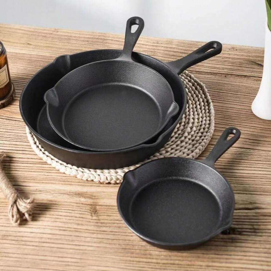 Cast Iron Frying Pan, Various Sizes, Heavy-Duty Pre-Seasoned Cookware, Excellent Heat Retention, Non-Stick, Multi-Functional, Ergonomic Handle, Ideal For Grilling, Baking And Frying, Dishwasher Friendly, Suitable For Indoor, Outdoor And Camping Cooking - Black - View 1