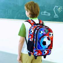 3件套儿童拉杆背包，男童带轮书包，含午餐袋 - 足球