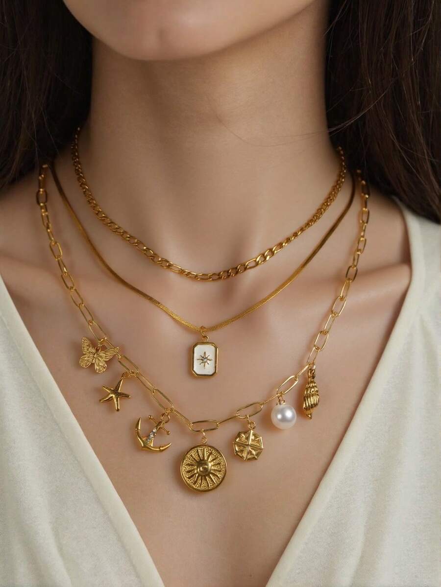 3pcs Fashionable Summer Fashionable Butterfly, Starfish, Pearl, Anchor, Eye, Moon, Seashell, Starburst Pendant Necklace, Suitable For Gift, Party, Daily, Vacation - Gold - View 1
