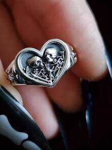 Silvery Heart Signet Ring The Lovers Skeleton Final Embrace Gothic Romantic Engagement Ring Halloween Ring Valentine's Day Gift - White CZ - 查看 6