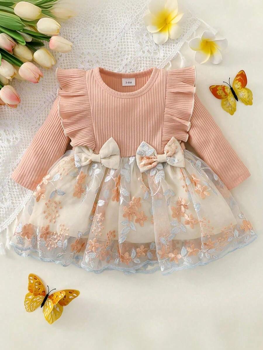 Vestido de Primavera y Otoño para Recién Nacida, con Tul y Bordado de Plantas y Flores - Rosa - Ver 1