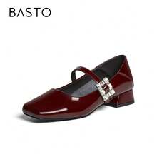 BASTO Red Mary Jane Shoes, Minimalist French Square Toe, Rhinestone Square Buckle, Chunky Heel, Low Vamp Flats For Women, Suitable For Daily, Commute, Office, Party, Date, Valentine's Day - Burgundy - View 6
