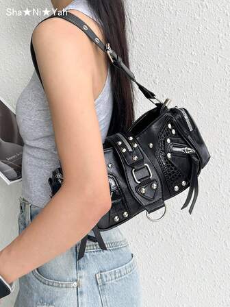 Y2K Biker Chic europeisk och amerikansk retro handväska i motorcykelstil, moderiktig nischväska med nitar och flera fickor, axelväska i oljat vaxat läder