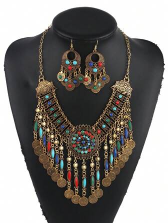Conjunto de joyas de mujer con collar y aretes inspirados en el estilo vintage de colores variados, accesorios versátiles para fiestas, eventos, viajes o como regalo