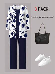 3 件大码女式休闲植物印花夹克开衫 + 圆领无袖上衣 + 松紧腰垂坠口袋直筒裤通勤套装，秋冬