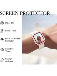 1pc Unisex Shiny Rhinestone Decorated Fashionable Anti-Fall Thin Tempered Glass Screen Protector, Compatible With Apple Watch 38/40/41/42/44/45/46/49mm, Suitable For Apple Watch Series Ultra/SE/11/10/9/8/7/6/5/4/3/2/1, Smart Watch Accessory - Pink - View 6