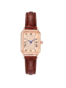 1pc Square Roman Numeral Dial Bamboo Strap Quartz Watch, Suitable For Birthday Gift, Back To School, Summer Vacation Gift (No Box) - Rose Gold - View 3
