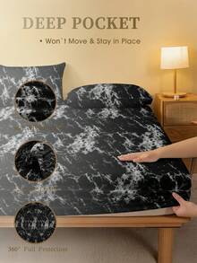 2/3 件套黑色大理石图案床笠套装（无填充物），卧室床笠套装，拉绒超细纤维透气舒适 1 件床垫套，带 1/2 件枕套，床罩套装，特大号双人床尺寸床笠套装，适用于卧室，拉绒宿舍床上用品，背部学校床上用品 - 黑色 - 查看 2